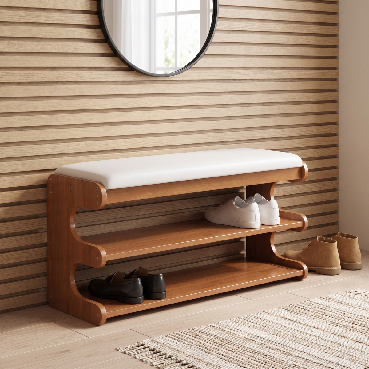 Bamboo shoe bench with white cushioned seat and two storage shelves