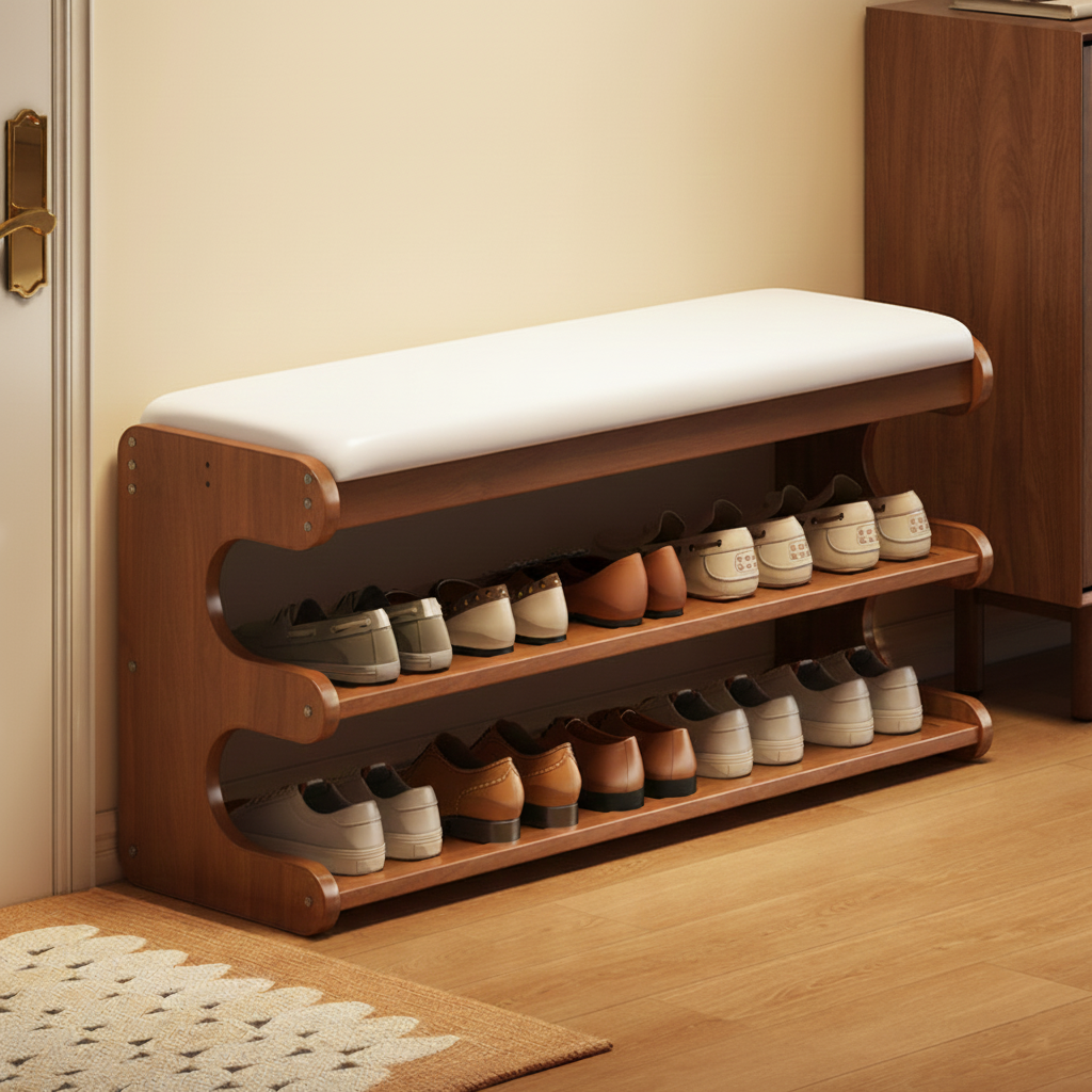 Bamboo shoe bench with white cushioned seat and two storage shelves