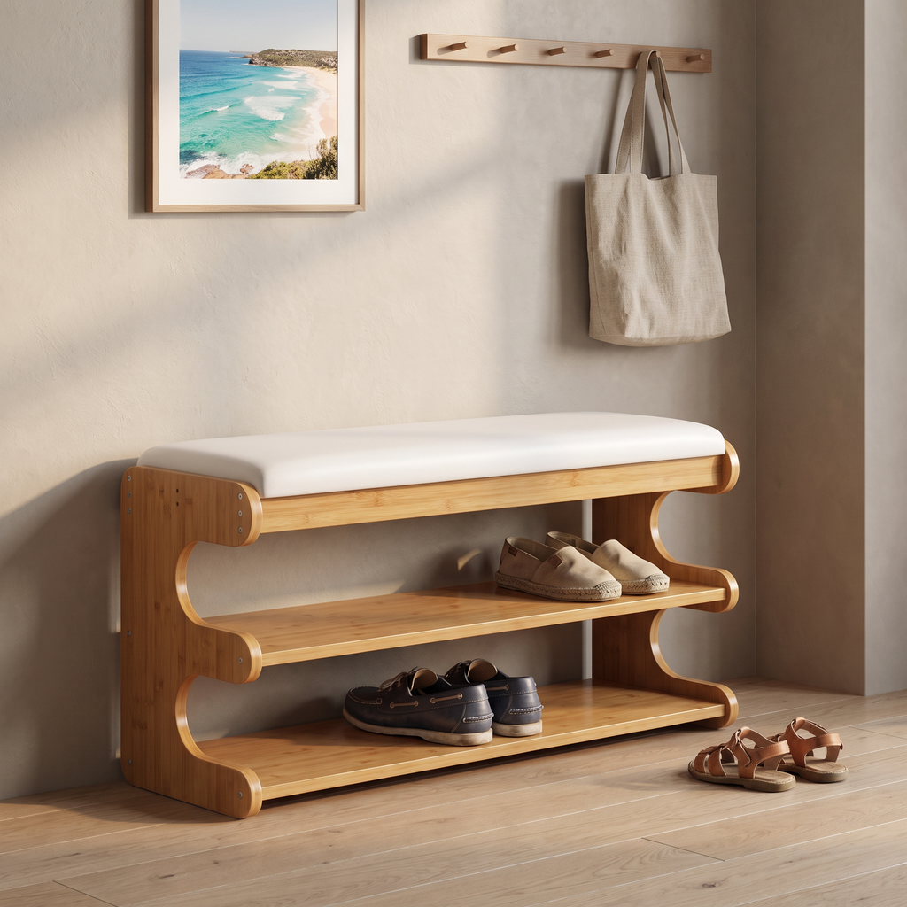 Bamboo shoe bench with white cushioned seat and two storage shelves