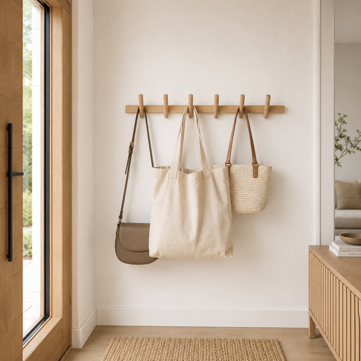 Brown oak wood wall-mounted coat rack with angled pegs