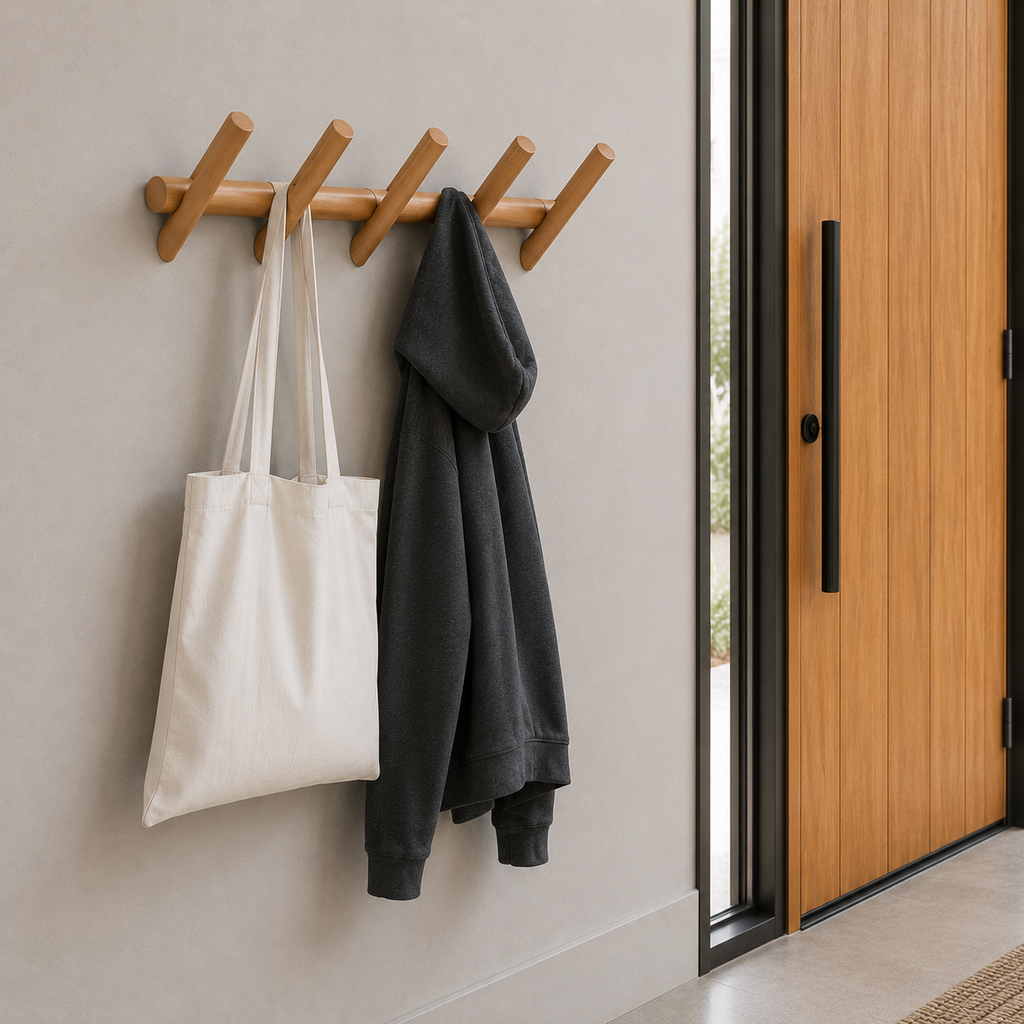 Brown oak wood wall-mounted coat rack with angled pegs