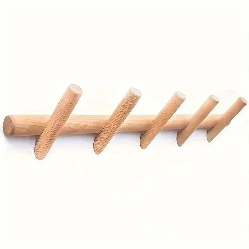 Brown oak wood wall-mounted coat rack with angled pegs