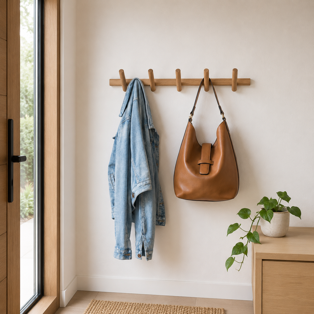 Brown oak wood wall-mounted coat rack with angled pegs