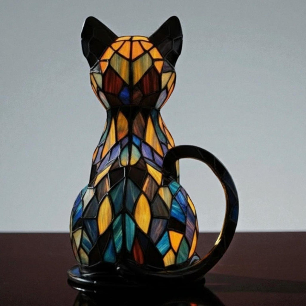 LED seated cat table lamp with stained glass effect mosaic panels