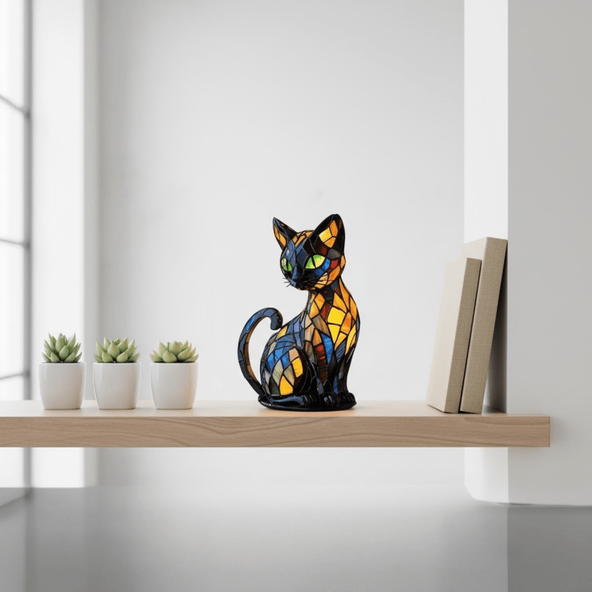 LED seated cat table lamp with stained glass effect mosaic panels