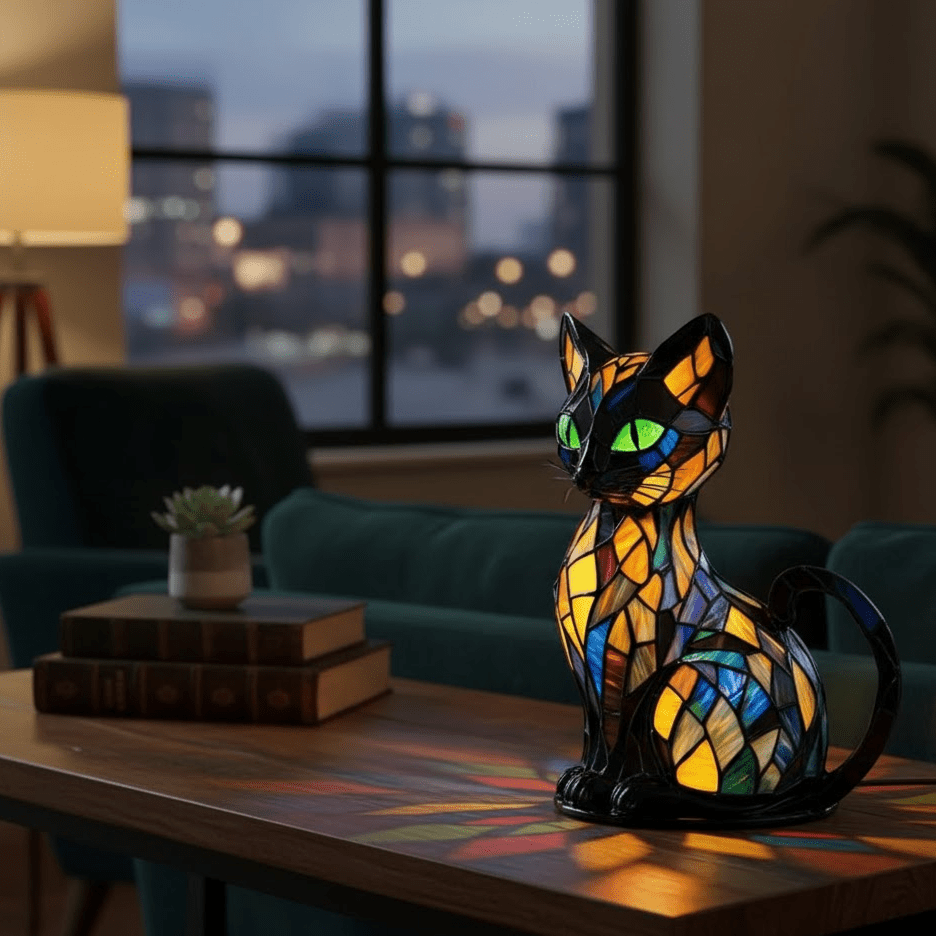 LED seated cat table lamp with stained glass effect mosaic panels