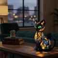 LED seated cat table lamp with stained glass effect mosaic panels