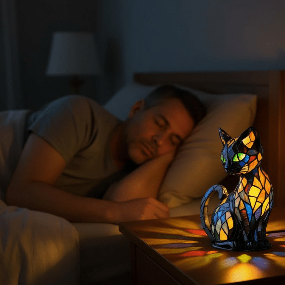 LED seated cat table lamp with stained glass effect mosaic panels
