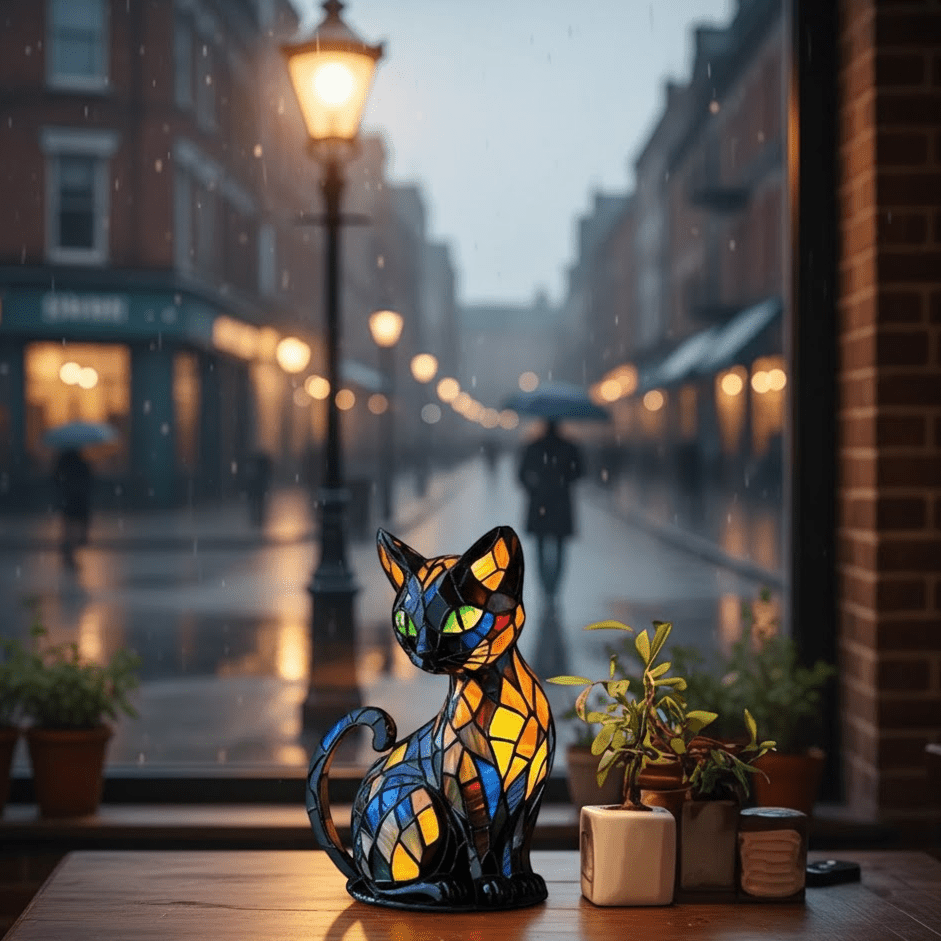 LED seated cat table lamp with stained glass effect mosaic panels