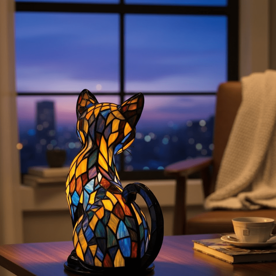 LED seated cat table lamp with stained glass effect mosaic panels