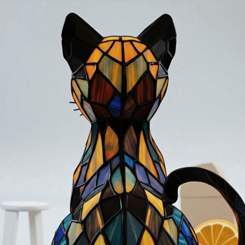 LED seated cat table lamp with stained glass effect mosaic panels