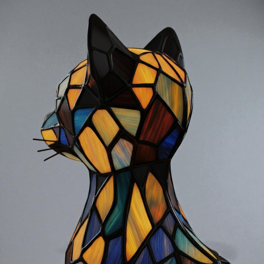 LED seated cat table lamp with stained glass effect mosaic panels