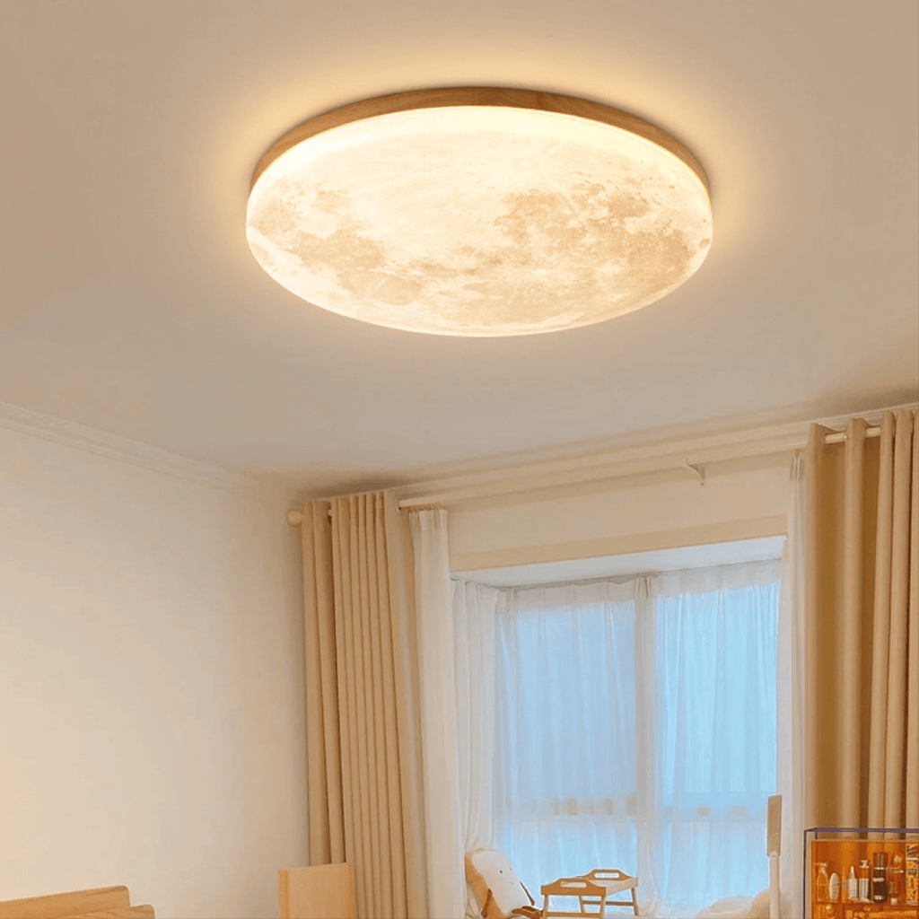 Round dimmable LED ceiling light with moon-effect textured shade