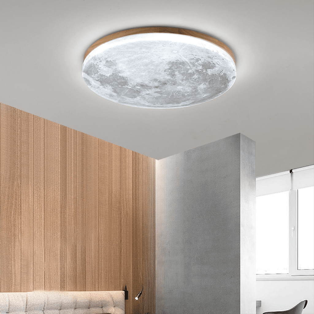 Round dimmable LED ceiling light with moon-effect textured shade