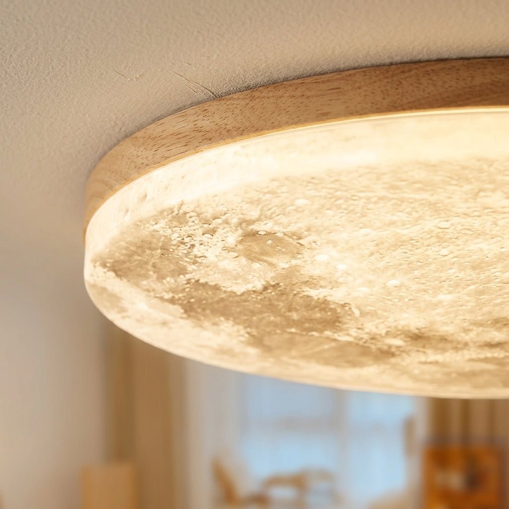 Round dimmable LED ceiling light with moon-effect textured shade