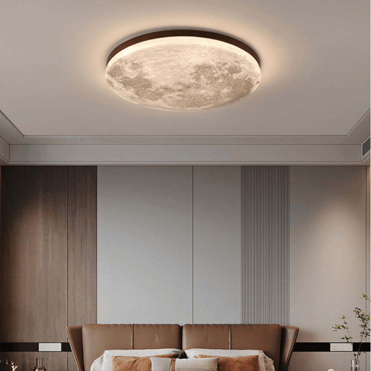 Round dimmable LED ceiling light with moon-effect textured shade