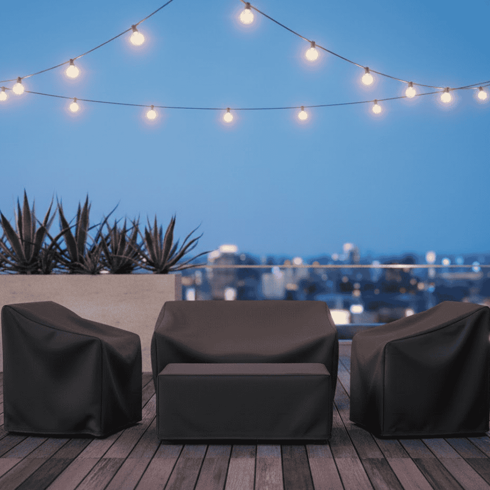 Weather-resistant cover fitted over outdoor patio furniture