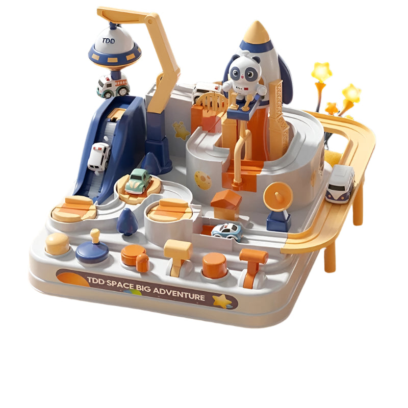 Colourful space-themed activity circuit toy with cars and raised tracks