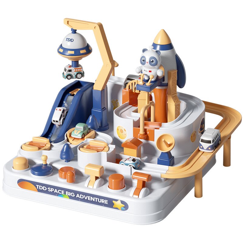 Colourful space-themed activity circuit toy with cars and raised tracks