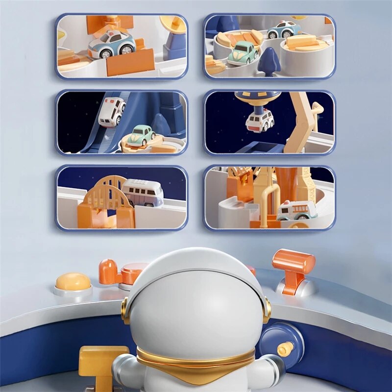 Colourful space-themed activity circuit toy with cars and raised tracks