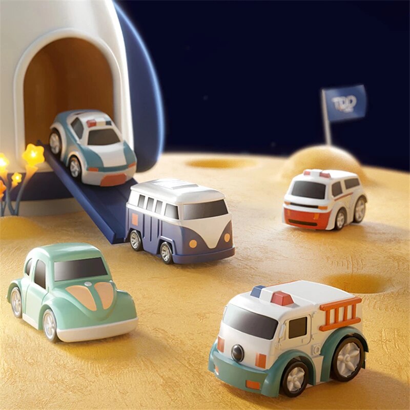 Colourful space-themed activity circuit toy with cars and raised tracks