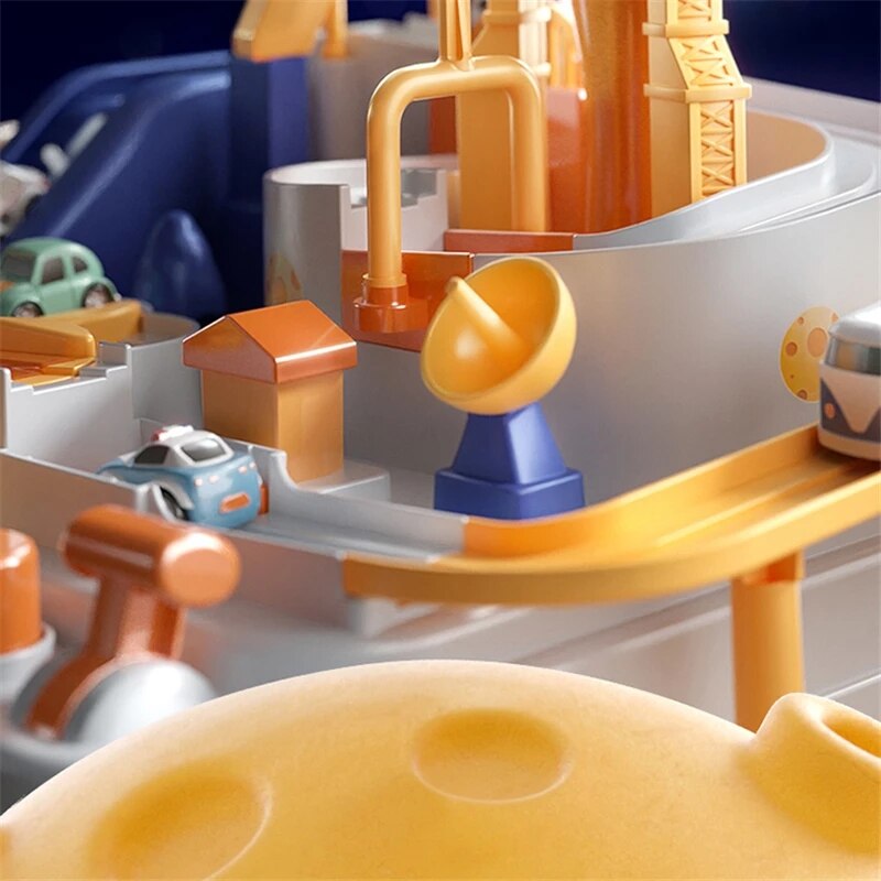 Colourful space-themed activity circuit toy with cars and raised tracks