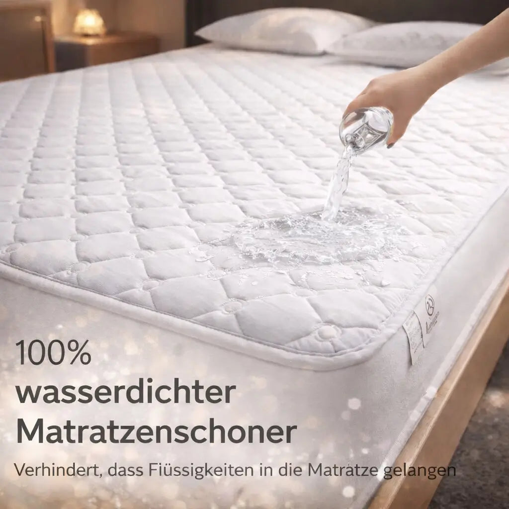 Quilted padded mattress topper with square stitch design on a bed