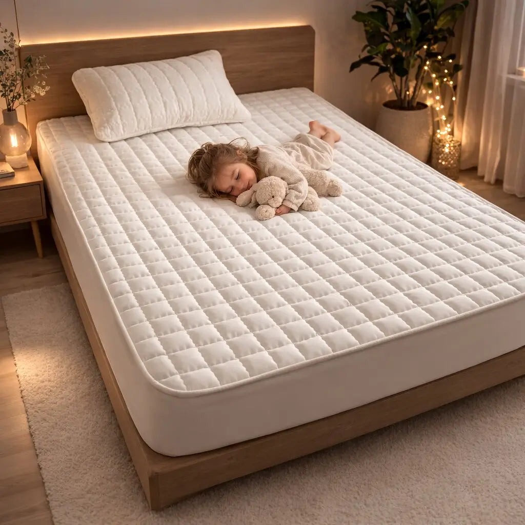 Quilted padded mattress topper with square stitch design on a bed