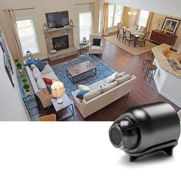 Compact black mini camera with front lens and integrated stand
