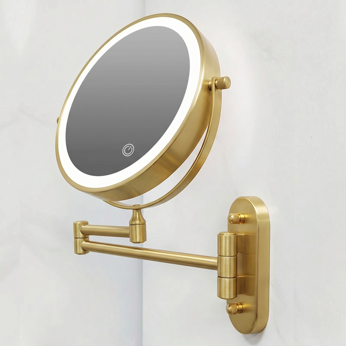 Round wall-mounted makeup mirror with LED light ring and swing arm