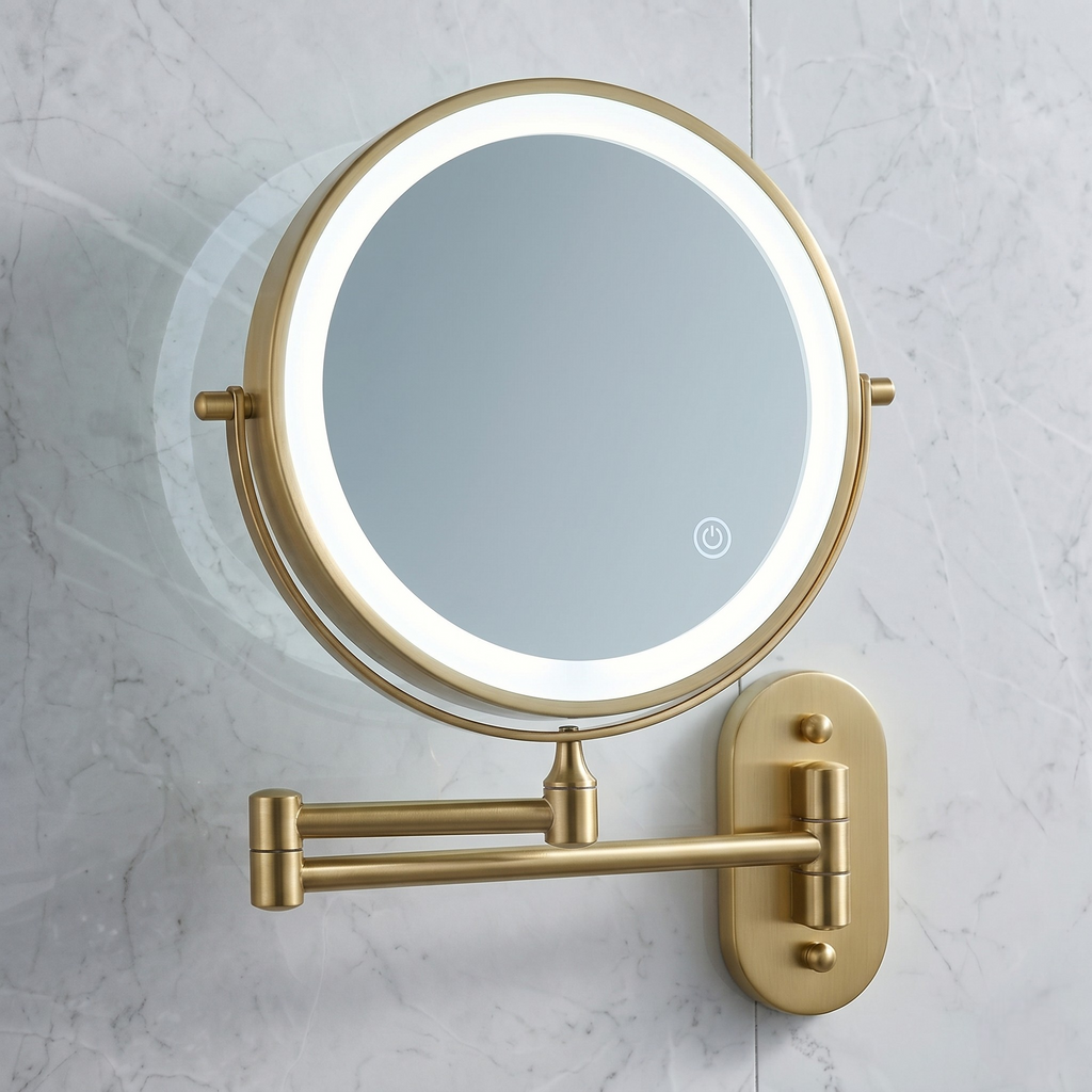 Round wall-mounted makeup mirror with LED light ring and swing arm