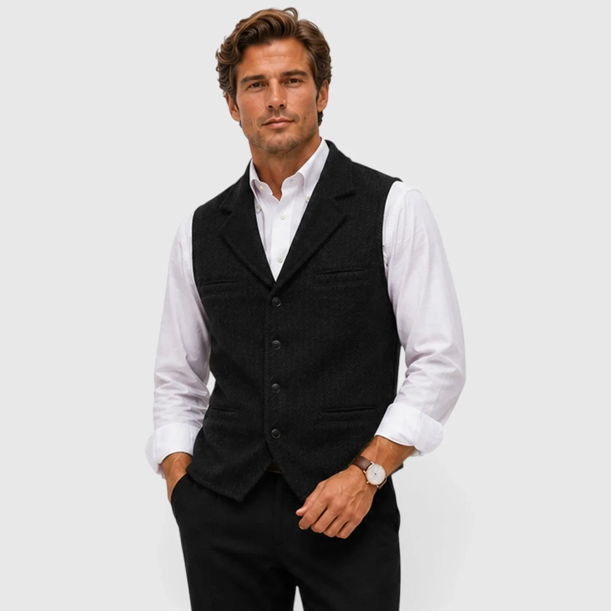 Herringbone waistcoat with notched lapels, button front and multiple pockets