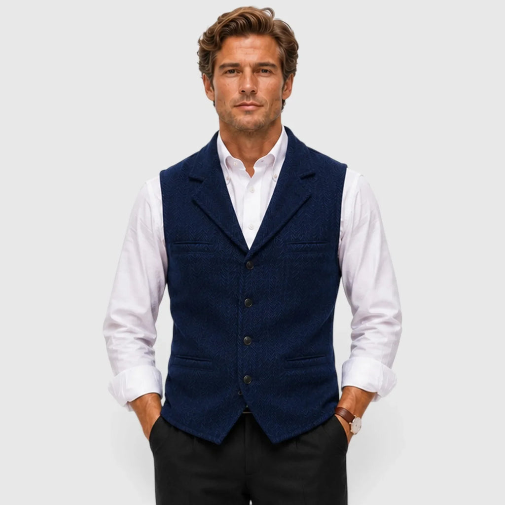 Herringbone waistcoat with notched lapels, button front and multiple pockets