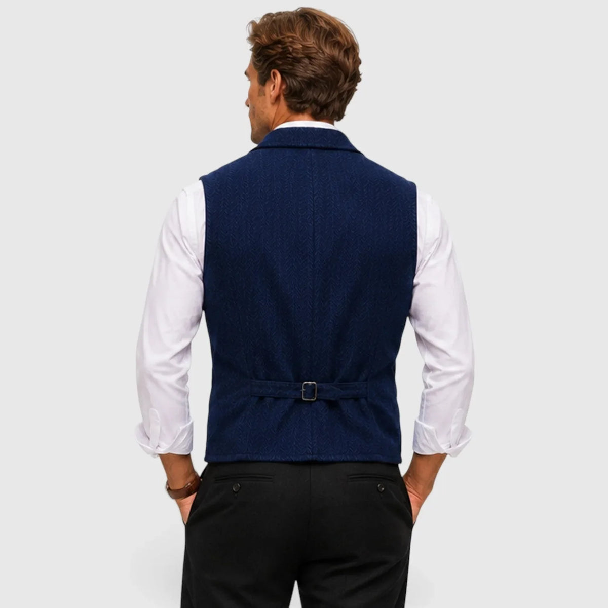 Herringbone waistcoat with notched lapels, button front and multiple pockets
