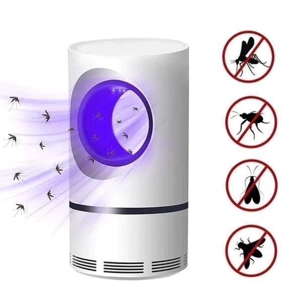 White cylindrical electric mosquito and fly trap with blue illuminated chamber and USB cable