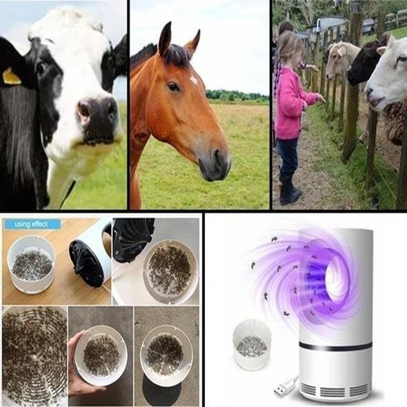 White cylindrical electric mosquito and fly trap with blue illuminated chamber and USB cable