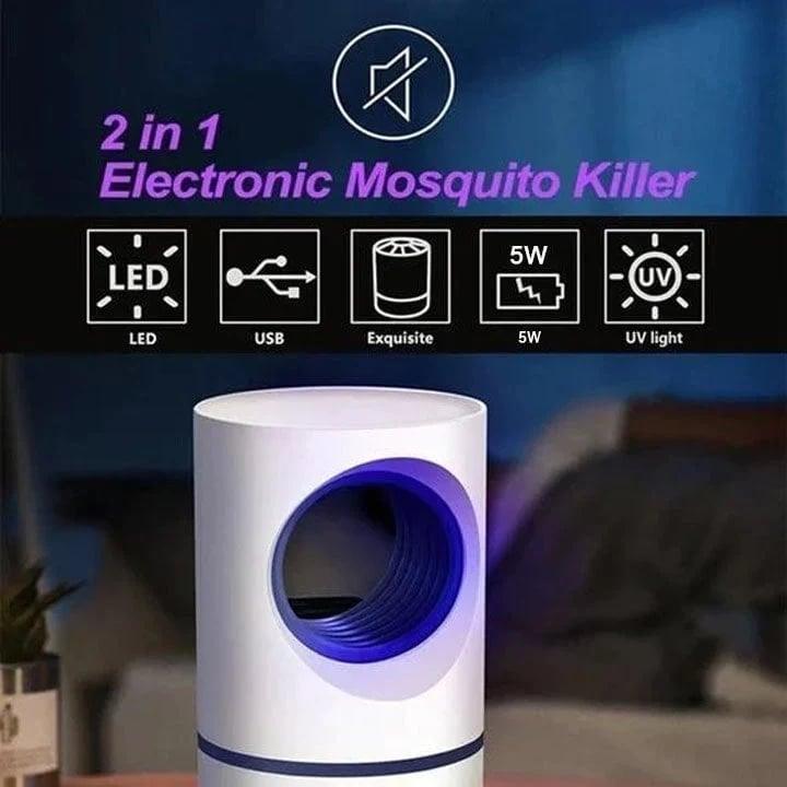 White cylindrical electric mosquito and fly trap with blue illuminated chamber and USB cable