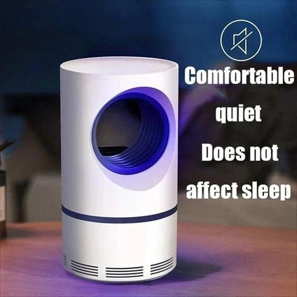 White cylindrical electric mosquito and fly trap with blue illuminated chamber and USB cable