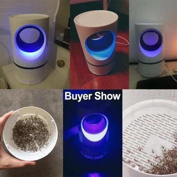 White cylindrical electric mosquito and fly trap with blue illuminated chamber and USB cable