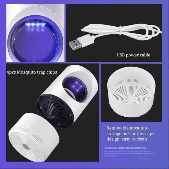 White cylindrical electric mosquito and fly trap with blue illuminated chamber and USB cable