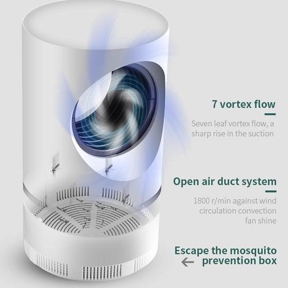 White cylindrical electric mosquito and fly trap with blue illuminated chamber and USB cable