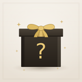 Black mystery gift box with gold question mark and decorative bow