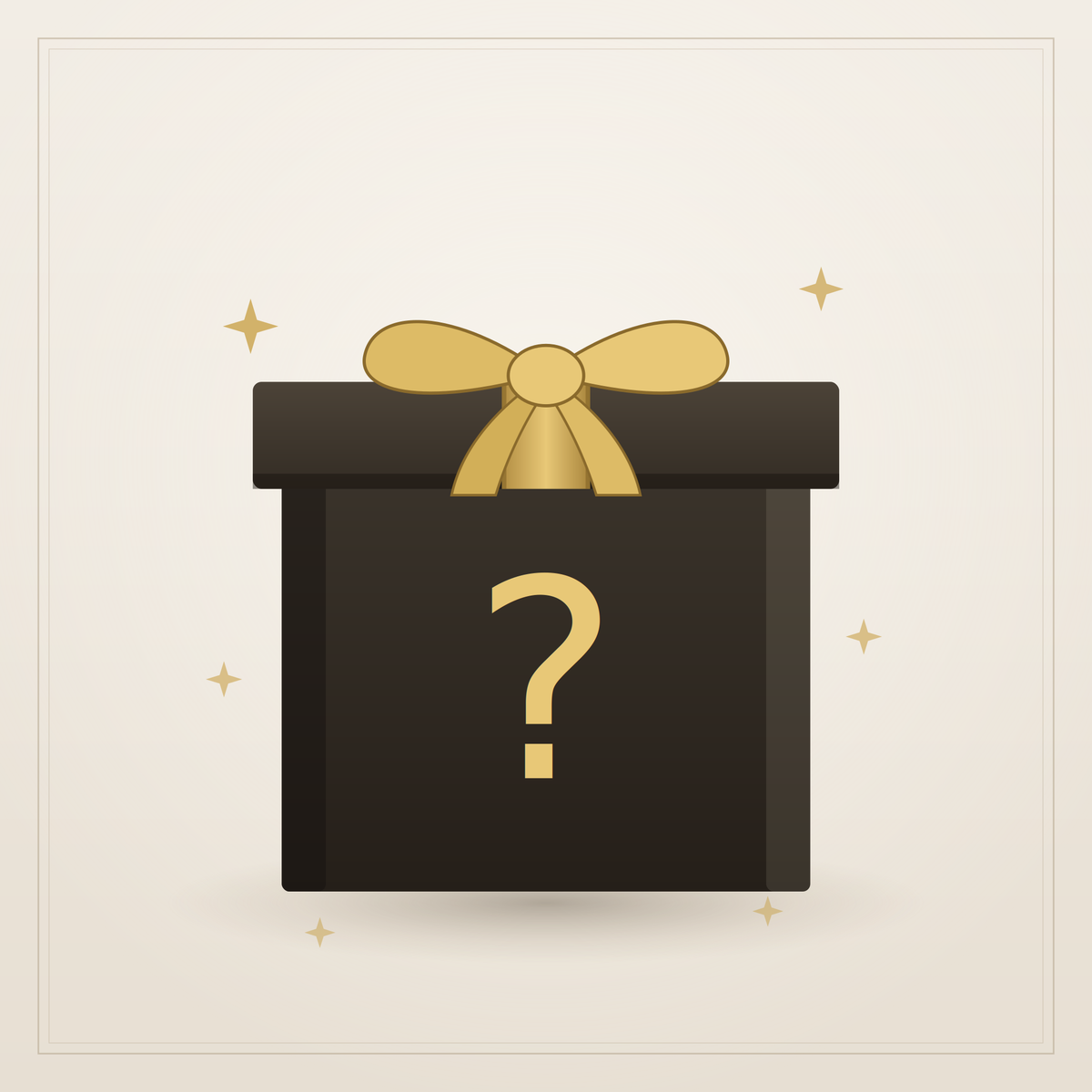 Black mystery gift box with gold question mark and decorative bow
