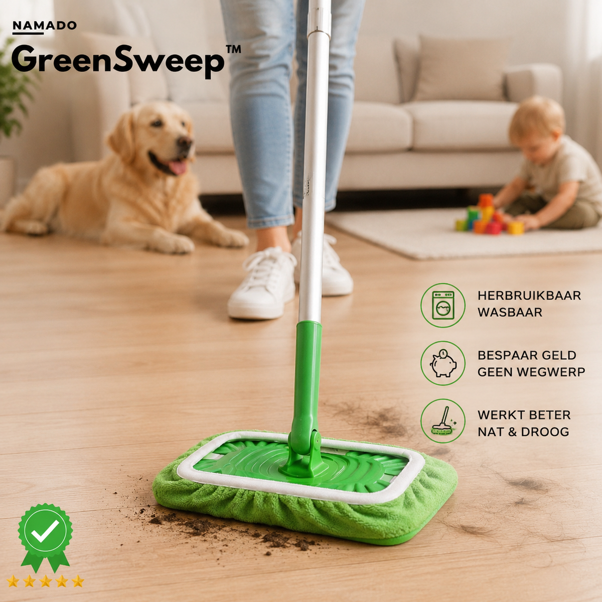 Reusable green floor mop pad with long fibres and silver handle