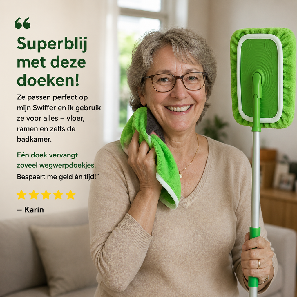Reusable green floor mop pad with long fibres and silver handle