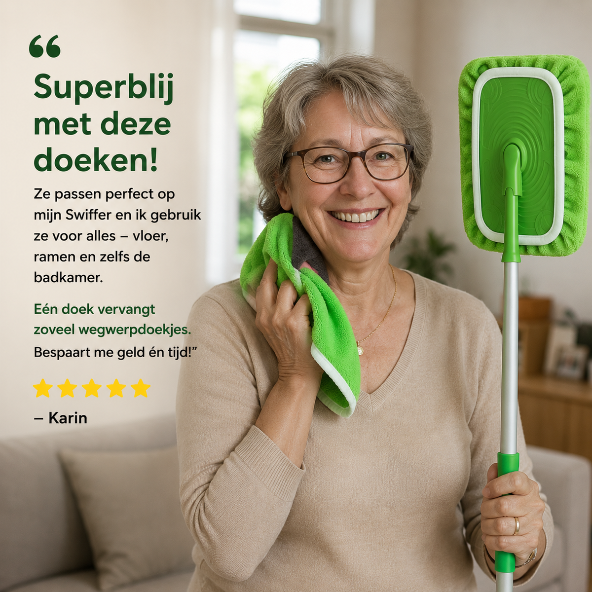 Reusable green floor mop pad with long fibres and silver handle