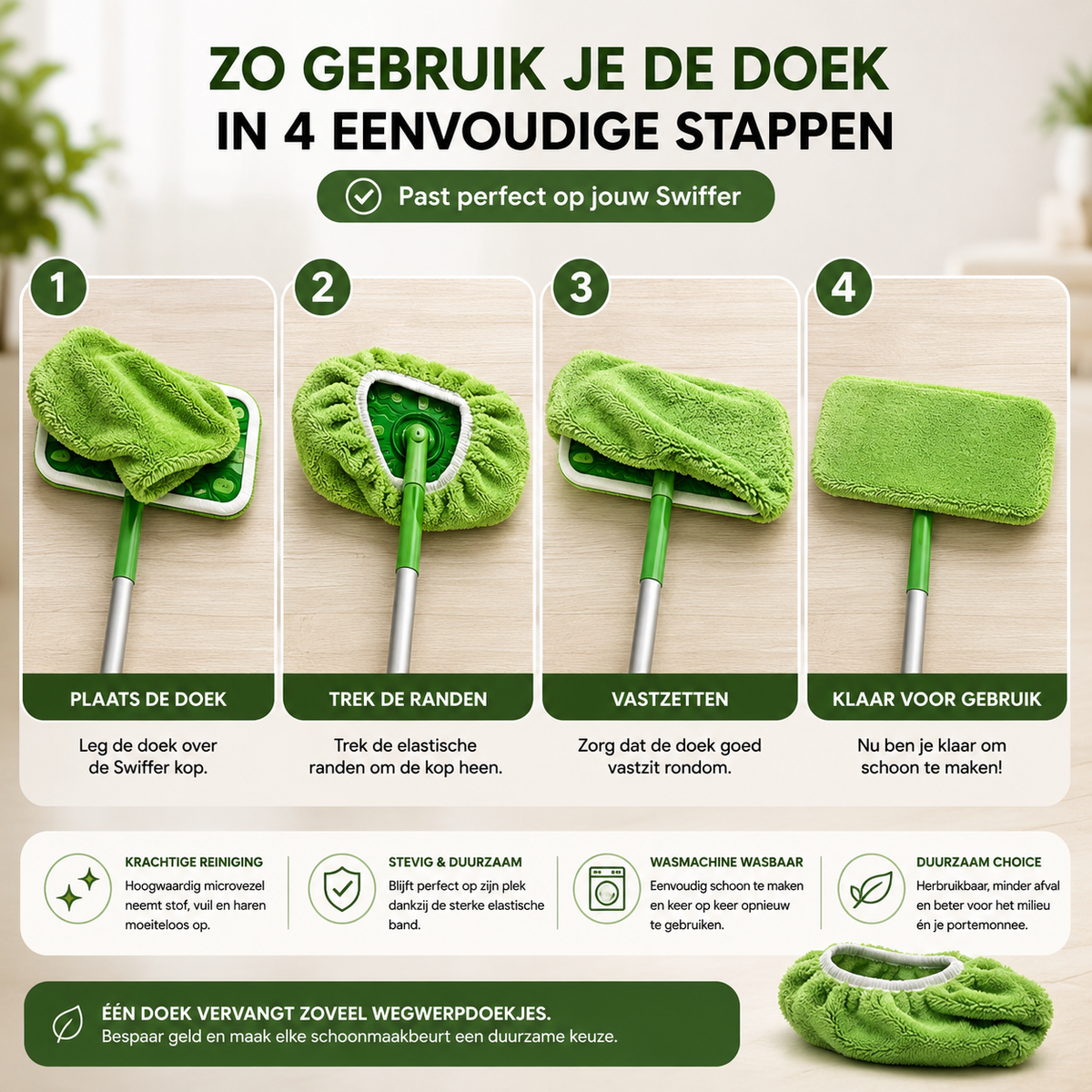 Reusable green floor mop pad with long fibres and silver handle