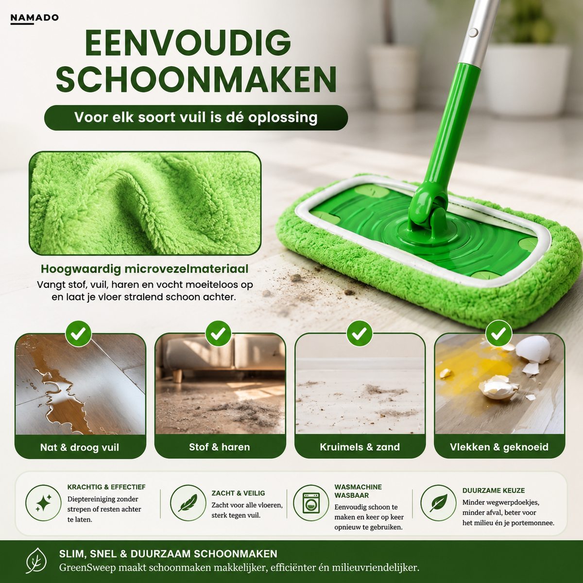 Reusable green floor mop pad with long fibres and silver handle