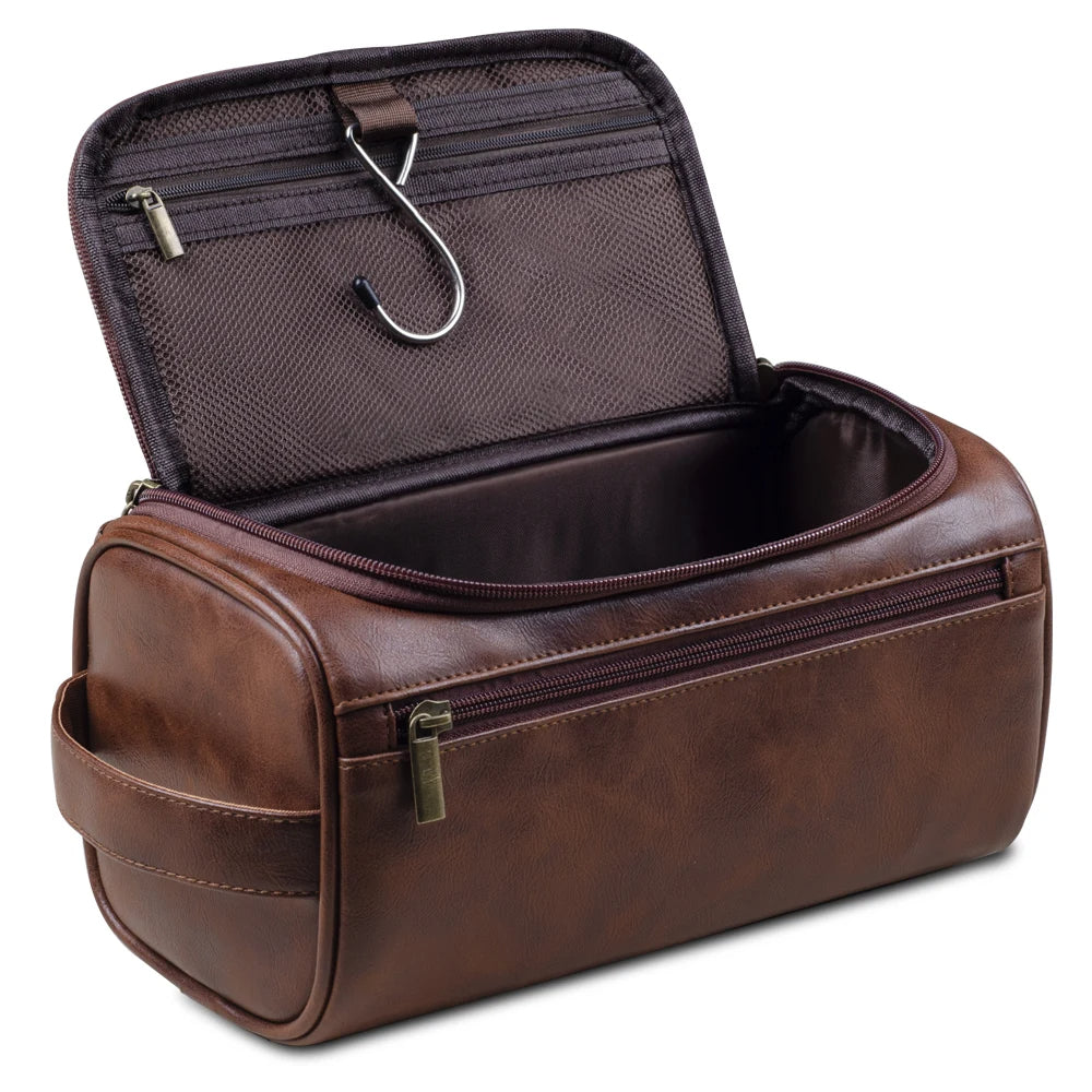 Structured toiletry bag with multiple zipped compartments and hanging hook