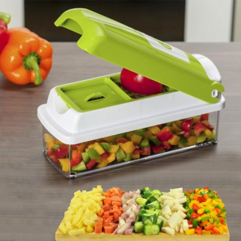 Green 12-in-1 vegetable slicer with cutting inserts and clear collection container